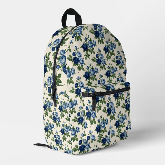 Blue Rose Floral Pattern Printed Backpack (Back Corner Left)