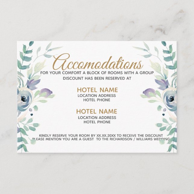 Blue Rose floral Watercolor Accommodation card (Front)