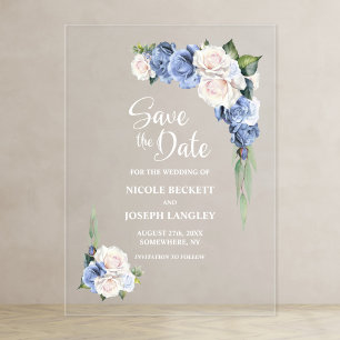Blue Rose Floral Wedding Save the Date Acrylic Invitations