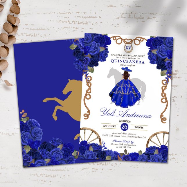 Blue Rose Floral Western Charra Quinceañera Invitation (Creator Uploaded)