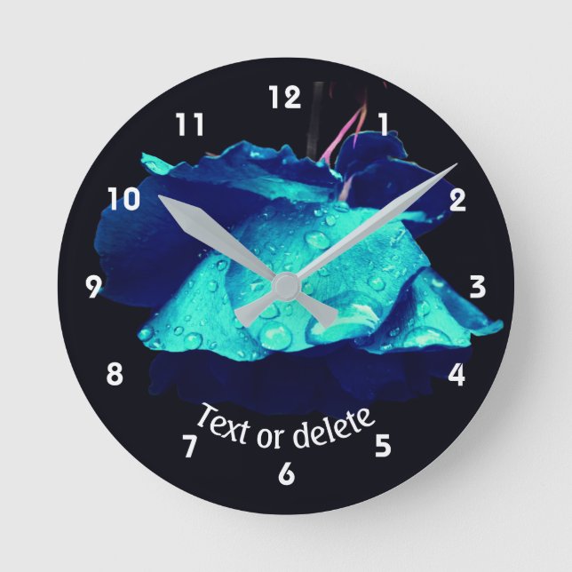 Blue Rose Flower Art Personalised Round Clock (Front)