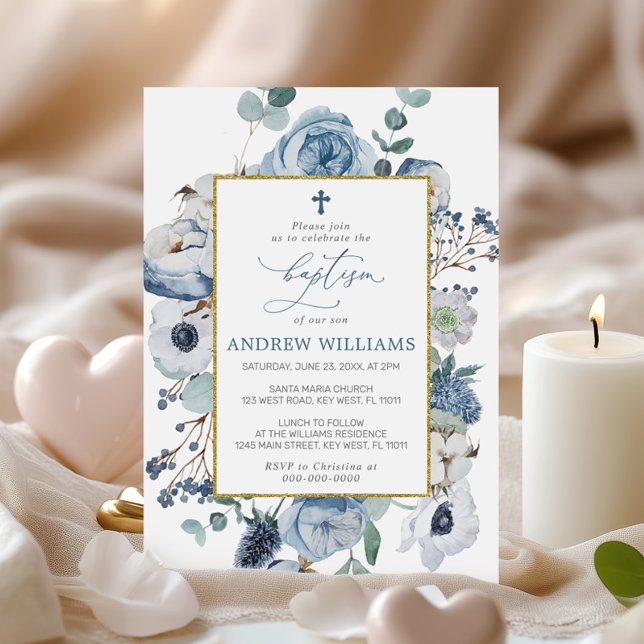 Blue Rose Flowers Baptism Invitation (Creator Uploaded)