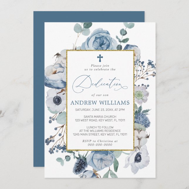 Blue Rose Flowers Dedication Invitation (Front/Back)