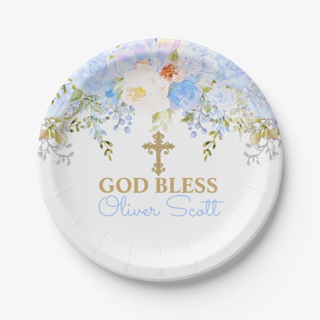 Blue Rose Garden Baptism Personalised Paper Plates (Front)