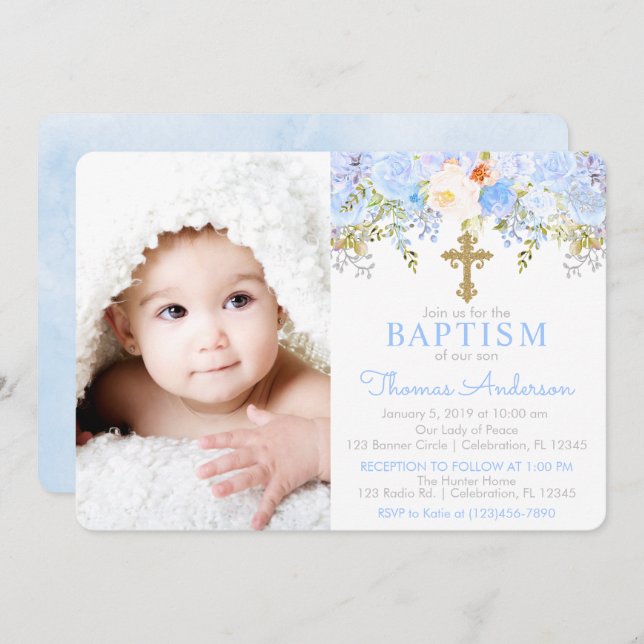 Blue Rose Garden Baptism Photo Invitation (Front/Back)