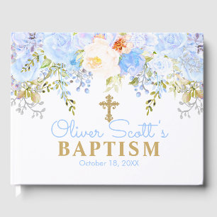 Blue Rose Garden Blue & Gold Baptism Guest Book