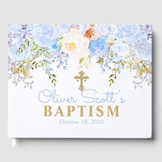 Blue Rose Garden Blue & Gold Baptism Guest Book (Front)