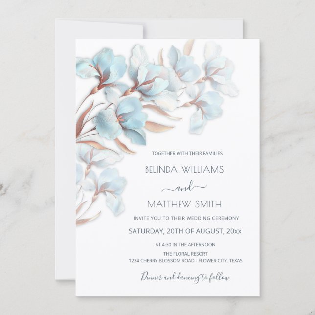 Blue  Rose Gold 3D Flowers  Invitation (Front)