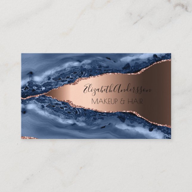 Blue rose gold agate marble elegant modern business card (Front)
