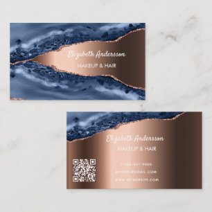 Blue rose gold agate marble elegant modern QR code Business Card