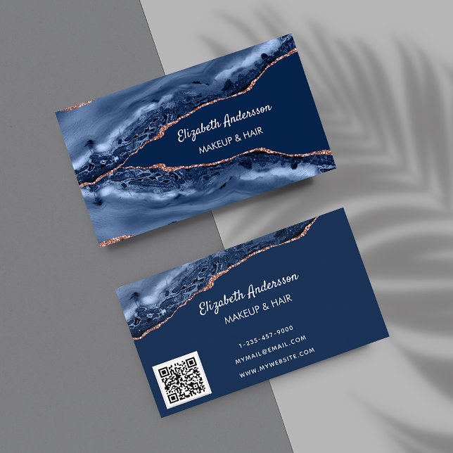 Blue rose gold agate marble elegant modern QR code Business Card (Creator Uploaded)