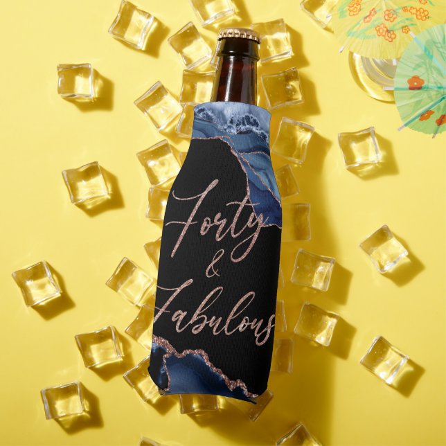 Blue Rose Gold Agate Marble Forty & Fabulous 40th Bottle Cooler (In Situ Summer)