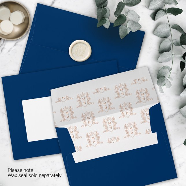 Blue rose gold crest heart crown monogram wedding  envelope (Creator Uploaded)