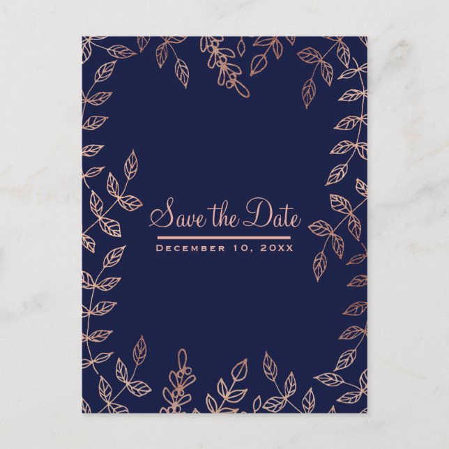 Blue & Rose Gold Glam Botanical Save the Date Announcement Postcard (Front)