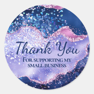 Blue Rose Gold Glitter Agate Thank You Business Classic Round Sticker