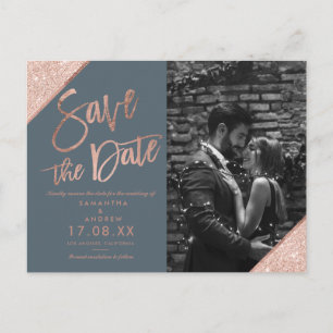 Blue Rose gold glitter script photo save the date Postcard