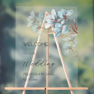 Blue  Rose Gold Layered Flowers Transparent Acrylic Sign