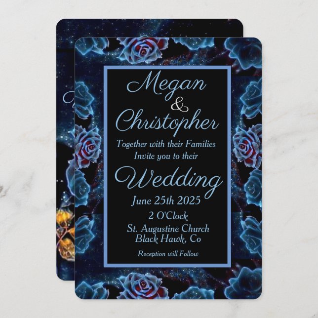 Blue Rose Gold Leaf Night Sky Wedding Invitation (Front/Back)
