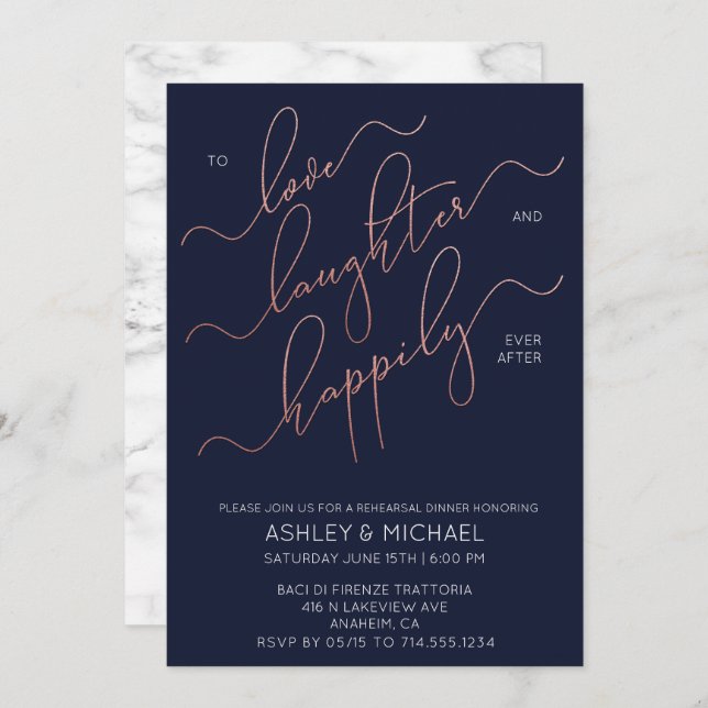 Blue Rose Gold Marble Rehearsal Dinner Invite (Front/Back)