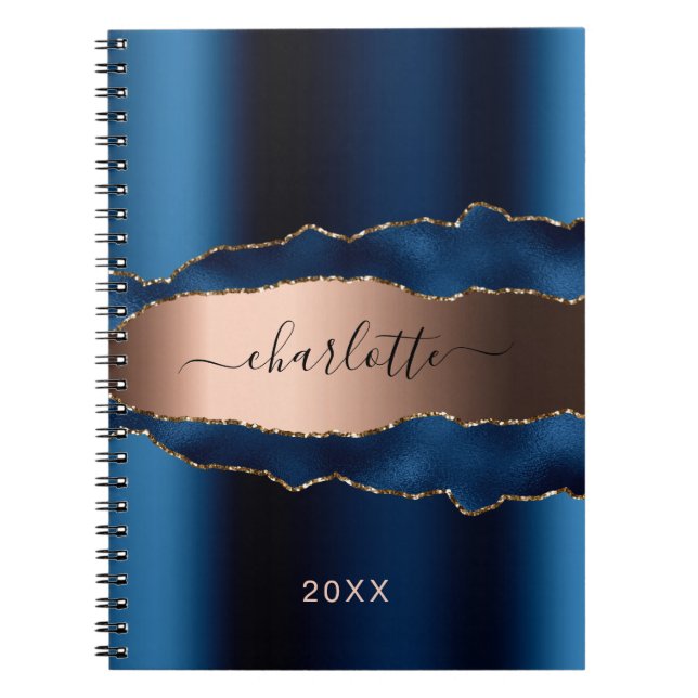 Blue rose gold metal agate marble name script notebook (Front)