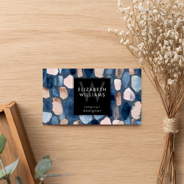 Blue Rose Gold Monogram Modern Business Card (Creator Uploaded)
