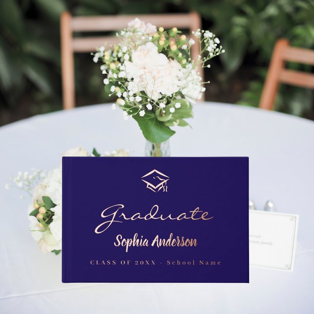 Blue rose gold name script cap Graduation Guest Book (Creator Uploaded)