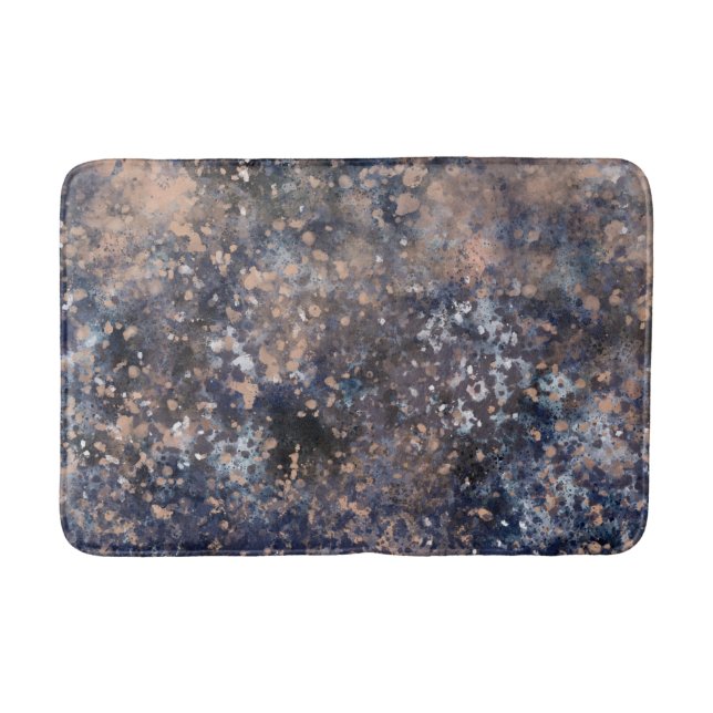Blue & Rose Gold Paint Splatter Abstract Glamour Bath Mat (Front)