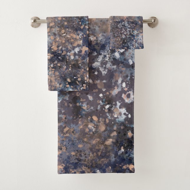 Blue & Rose Gold Paint Splatter Abstract Glamour Bath Towel Set (Insitu)