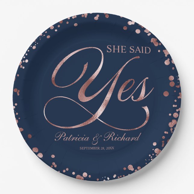 Blue Rose Gold She Said Yes Engagement Party Paper Plate (Front)