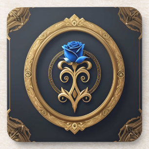 Blue Rose in Golden Frame with Ornate Details Coaster