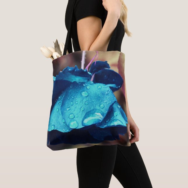 Blue Rose Lingering Raindrops Flower Art  Tote Bag (Close Up)