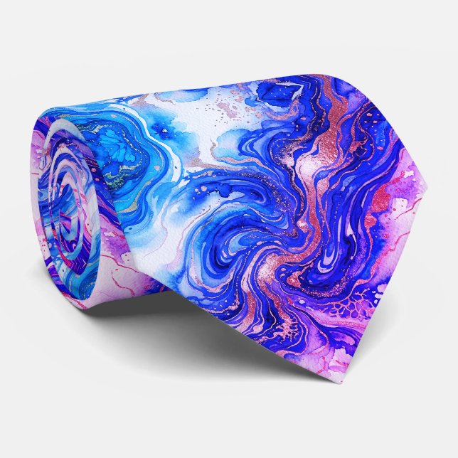 Blue Rose Marble Luxury Abstract Fluid Art Pattern Tie (Rolled)