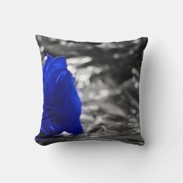Blue Rose On Left Side Silver Background Cushion (Front)