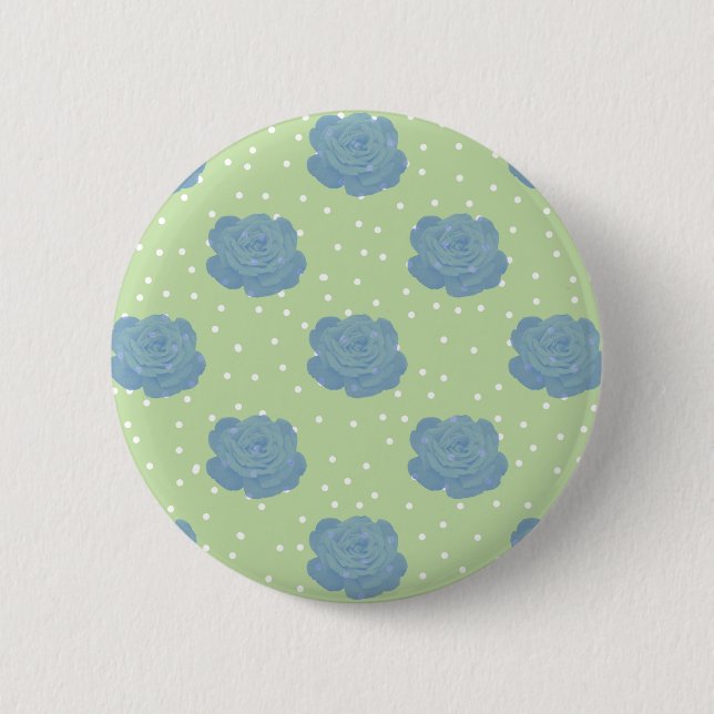 Blue rose pattern on green backround 6 cm round badge (Front)