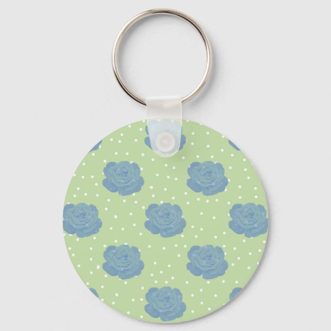 Blue rose pattern on green backround key ring (Front)