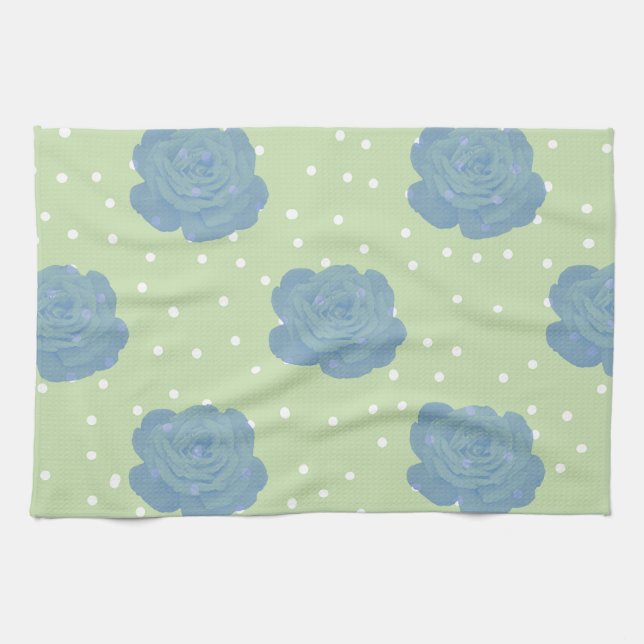 Blue rose pattern on green backround tea towel (Horizontal)
