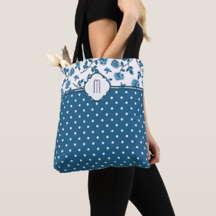 Blue Rose Polka Dot Monogram Tote Bag