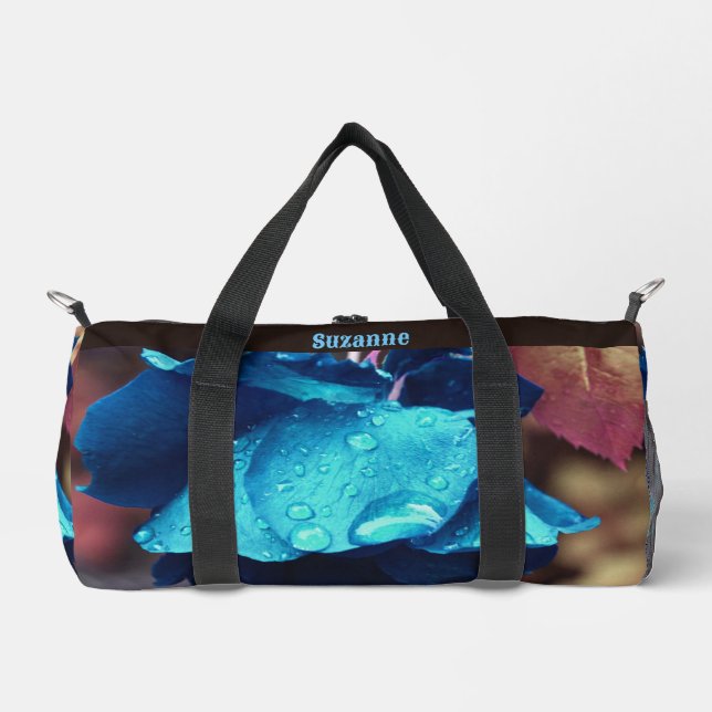 Blue Rose Raindrops Flower Art Personalised Duffle Bag (Front)