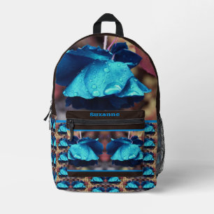 Blue Rose Raindrops Flower Art Personalised Printed Backpack