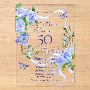 Blue Rose Ribbon 50th Birthday Invitation