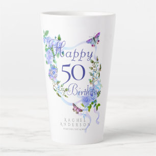 Blue Rose Ribbon 50th Birthday Latte Mug