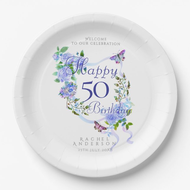 Blue Rose Ribbon 50th Birthday Paper Plate (Front)