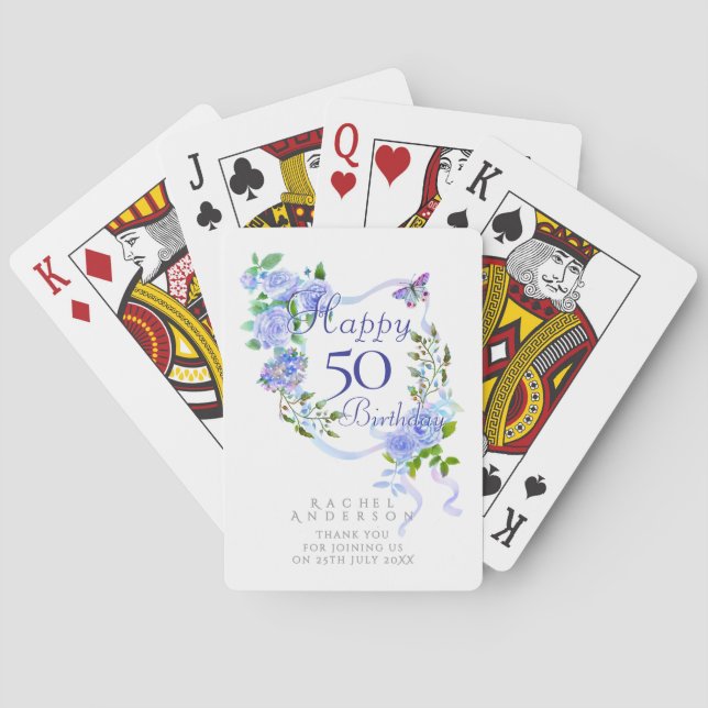 Blue Rose Ribbon 50th Birthday Playing Cards (Back)