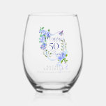 Blue Rose Ribbon 50th Birthday Stemless Wine Glass<br><div class="desc">Lovely and elegant rose with butterfly.</div>