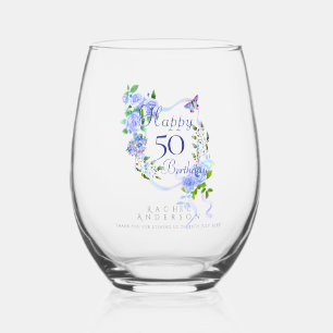 Blue Rose Ribbon 50th Birthday Stemless Wine Glass
