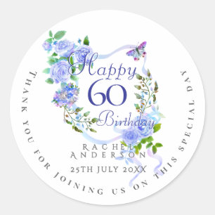 Blue Rose Ribbon 60th Birthday Classic Round Sticker