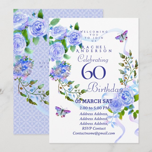 Blue Rose Ribbon 60th  Birthday Invitation (Front/Back)