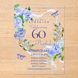 Blue Rose Ribbon 60th  Birthday Invitation