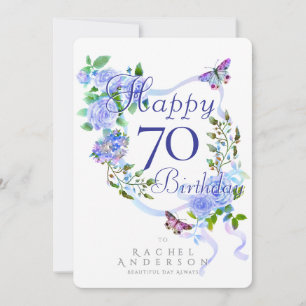 Blue Rose Ribbon 70th Birthday Holiday Card