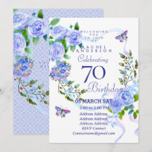 Blue Rose Ribbon 70th Birthday Invitation